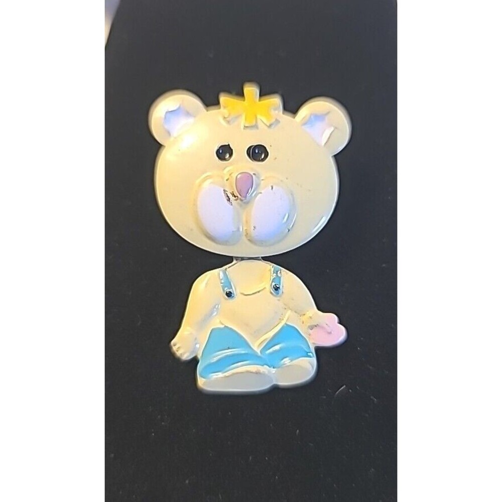 Vintage Yellow Teddy Bear in Overalls Heart Enamel Metal Bobble Head Pin Brooch